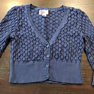 SO Blue Cardigan Sweater with Geometric Knit Pattern